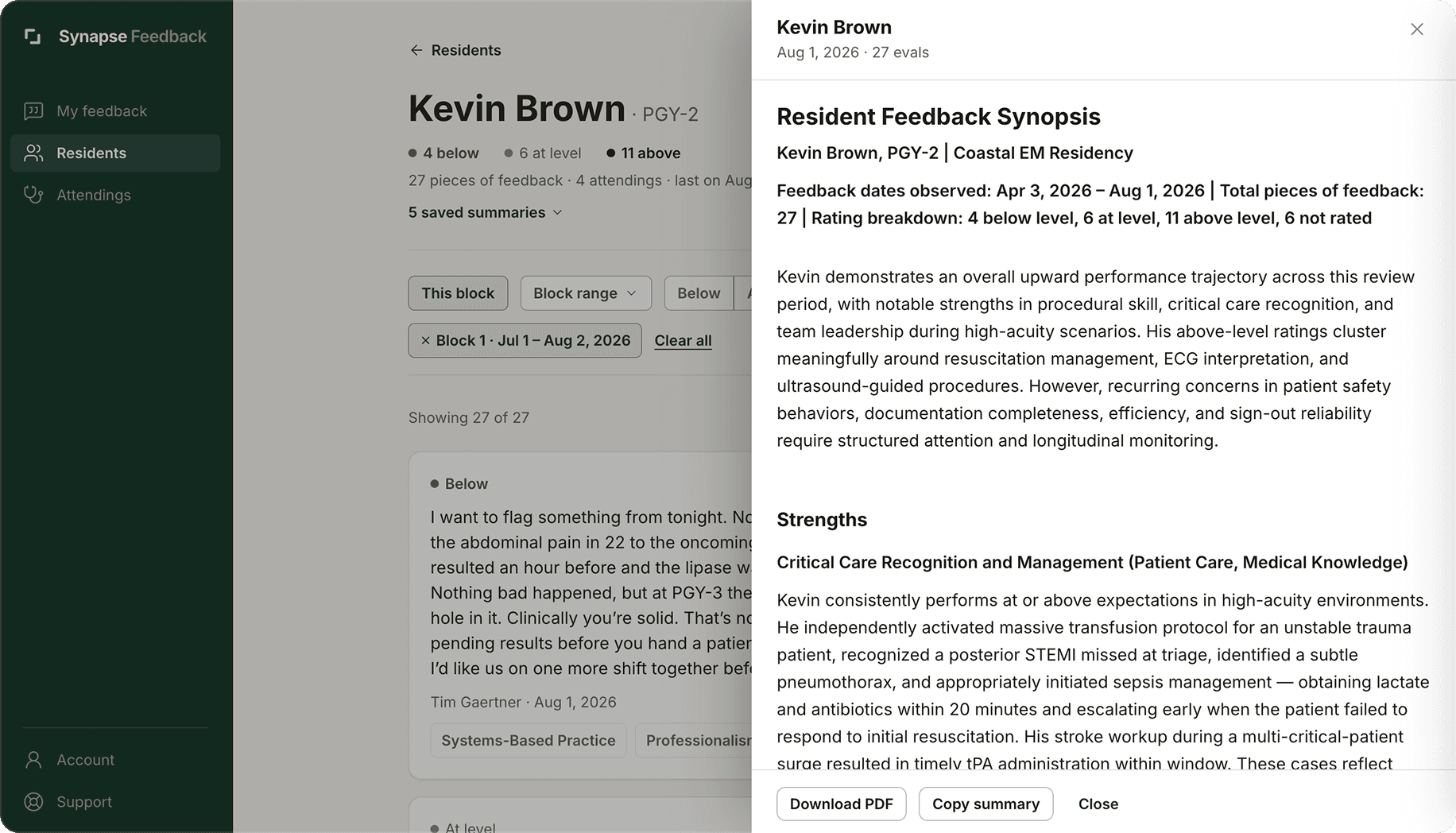 The Synapse Feedback web app generating a resident feedback synopsis, with Download PDF and Copy summary actions