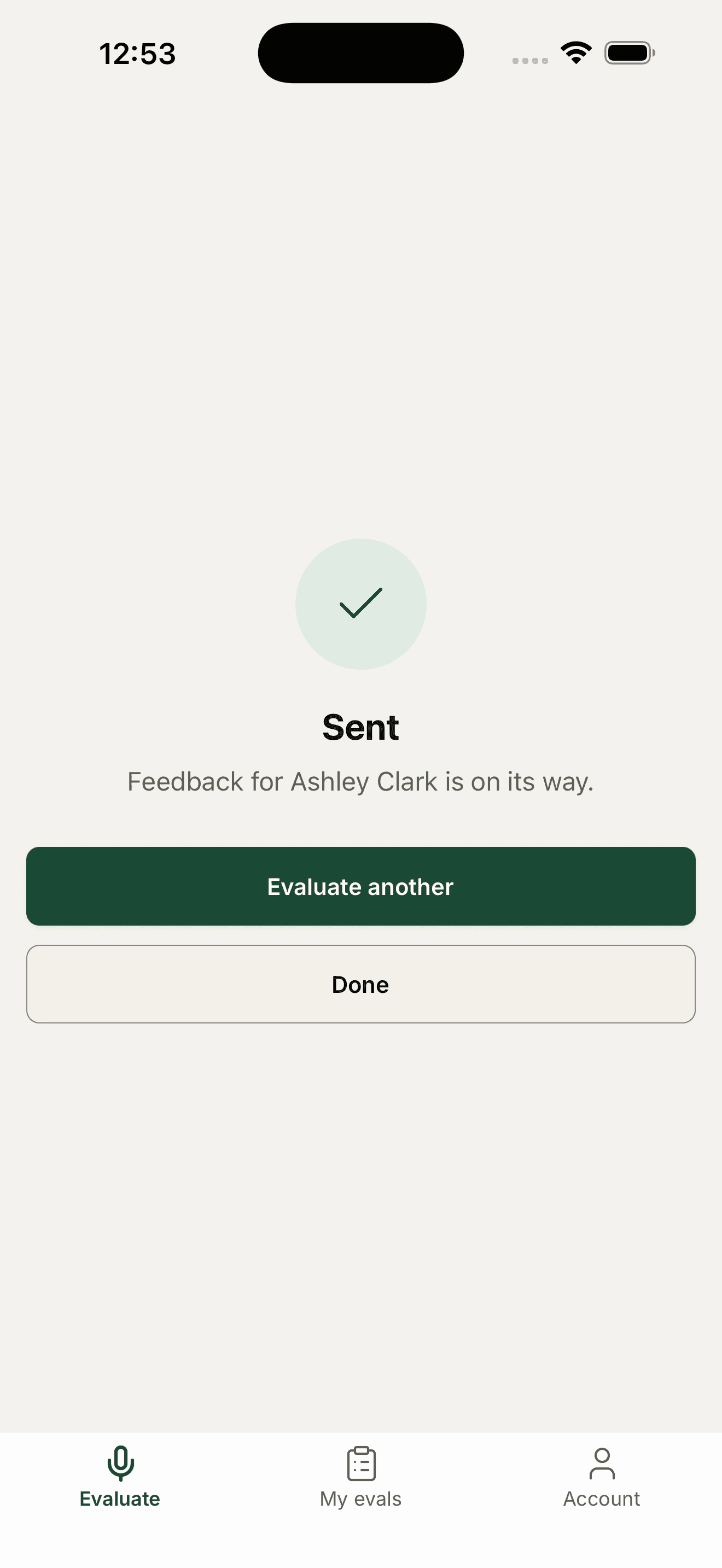 The sent confirmation screen — the feedback is on its way to the resident